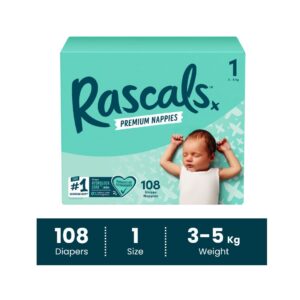 Rascals Premium Baby Tape Diapers Jumbo Box - Size 1, 3-5 kg, 108 Count
