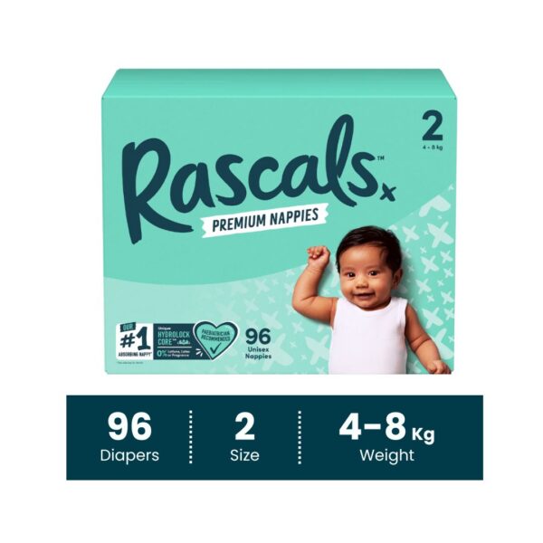 Rascals Premium Baby Tape Diapers Jumbo Box - Size 2, 4-8 kg, 96 Count