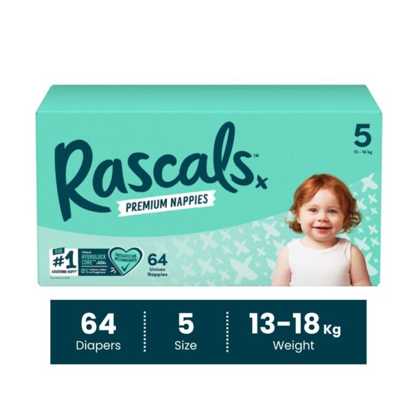 Rascals Premium Baby Tape Diapers Jumbo Box - Size 5, 13-18 kg, 64 Count